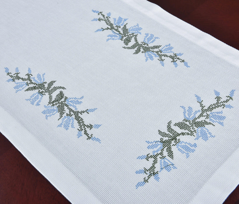 Elegant Blue Harebell Floral Embroidered Table Runner - Luxurious Cotton Home Accent