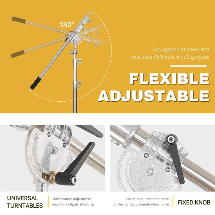 Professional Adjustable Stainless Steel Light Stand with Boom Arm & Sandbag - 2.49M Height