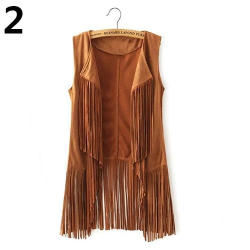 Sleeveless Faux Leather Women's Motorcycle Vest with Bohemian Suede Tassels and Fringe