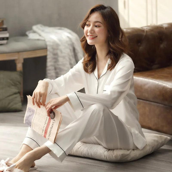 Chic White Ice Silk Unisex Pajama Set for Couples - Luxury Nightwear Collection