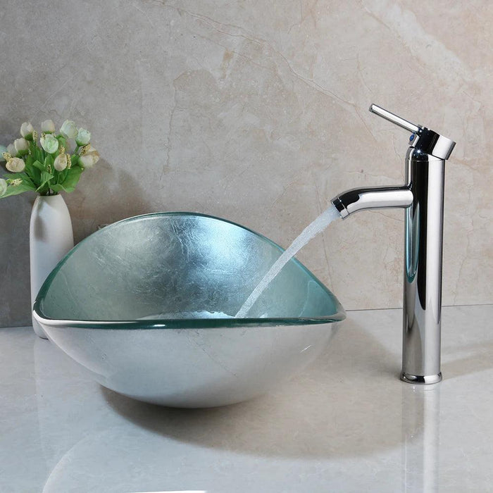 Sleek Chrome Faucet and Oval Glass Sink Ensemble with Pop-Up Drain Assembly