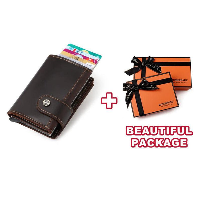 RFID Blocking Crazy Horse Leather Men's Card Wallet with Push-Button Ejection and Money Clip