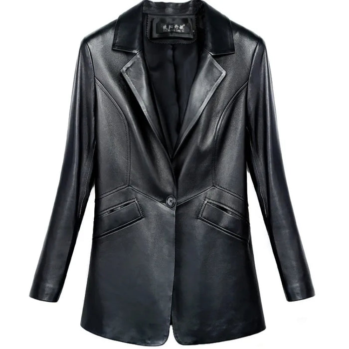 Sophisticated Korean Sheepskin Leather Blazer for Women - Trendy Mid-Length Fashion Coat