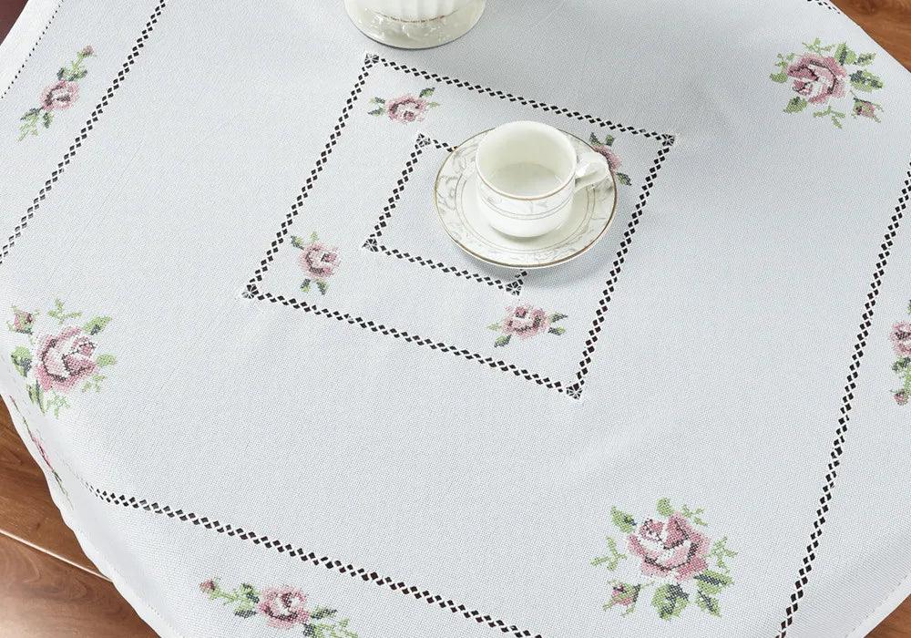 Romantic Rose Cross-Stitch Linen Table Runner & Cloth Set - White/Champagne