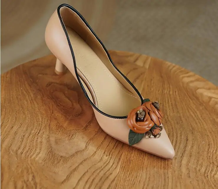 Apricot Elegance Genuine Leather High Heels - Chic Princess Blossom Design