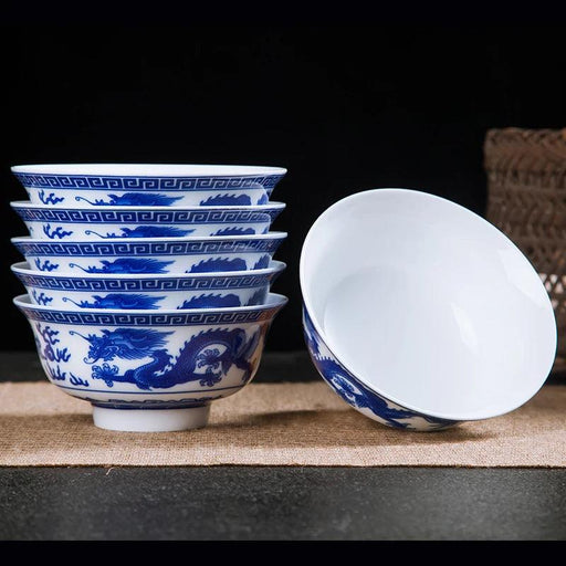 Set of 6 Elegant Blue and White Porcelain Ramen Bowls Featuring Vintage Chinese Dragon Design