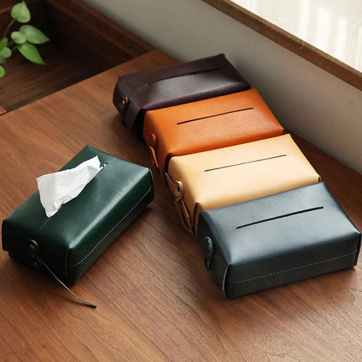 Elegant Handcrafted Leather Tissue Box with Colorful Napkin Holder Duo