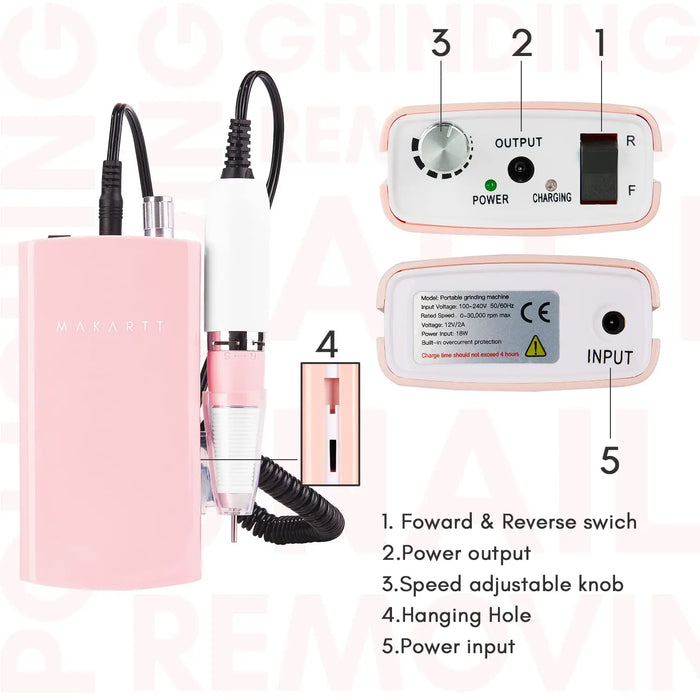 Electric Nail File Kit with 6 Grinding Heads, Rechargeable Battery and Speed Adjustment