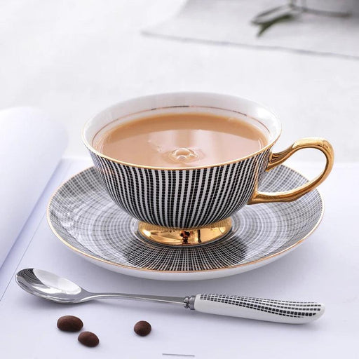 Elegant Gray Bone China Tea Set with Gold Accents - 200ml Cup, Saucer & Spoon Collection