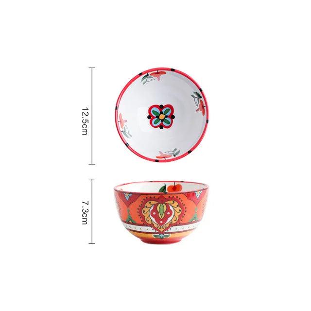 Bohemian Hand-Painted Ceramic Bowl - Elegant Rice, Noodle & Salad Dish with Innovative Chopstick Holder