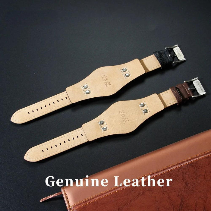 22mm Luxurious Black/Brown Riveted Leather Strap for Fossil Watches