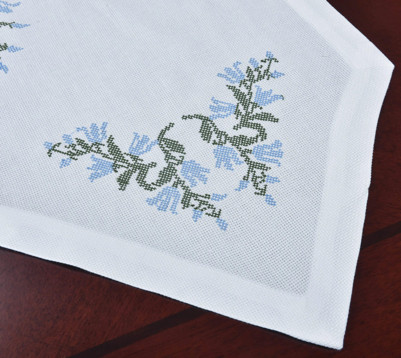 Elegant Blue Harebell Floral Embroidered Table Runner - Luxurious Cotton Home Accent