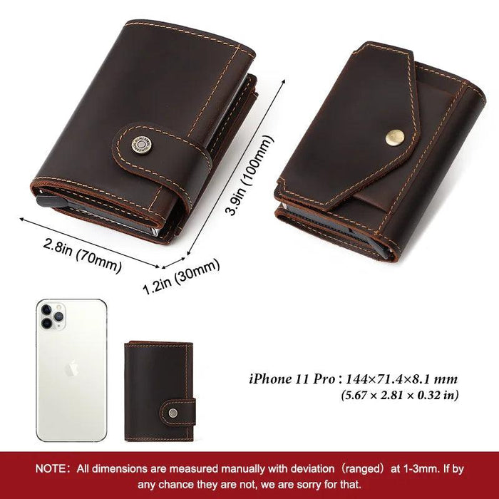 RFID Blocking Crazy Horse Leather Men's Card Wallet with Push-Button Ejection and Money Clip