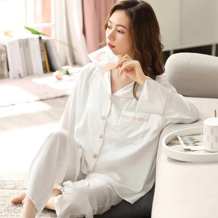 Elegant Blush Ice Silk Pajama Ensemble with Delicate Lace Details