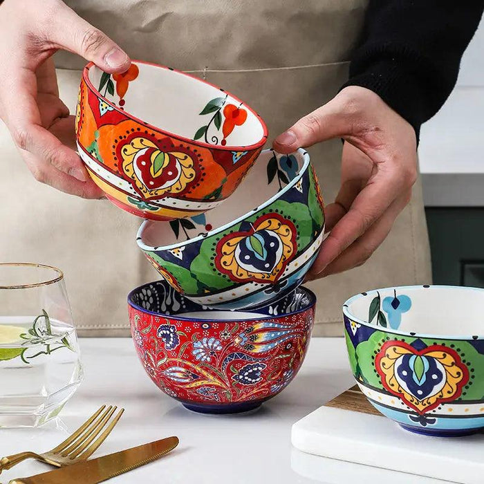 Bohemian Hand-Painted Ceramic Bowl - Elegant Rice, Noodle & Salad Dish with Innovative Chopstick Holder