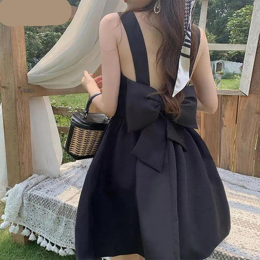 Elegant Retro Black Sundress with Back Bow for Women - Korean Style Party and Holiday Chic