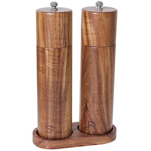 Sophisticated Acacia Wood Salt and Pepper Mills with Elegant Tray - 8 Inch Refillable Set