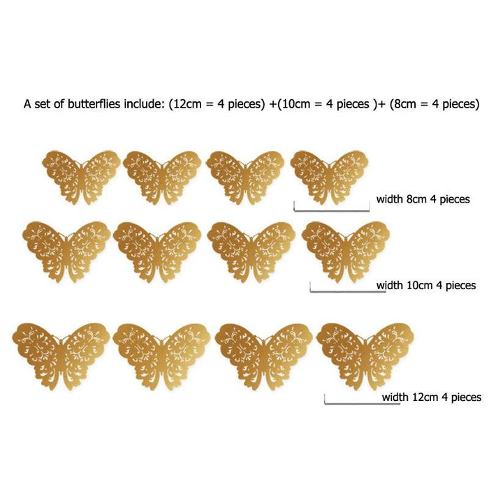Set of 12 Elegant 3D Butterfly Wall Stickers - Self-Adhesive Decorative Accents in Gold and Silver for Home and Event Decor