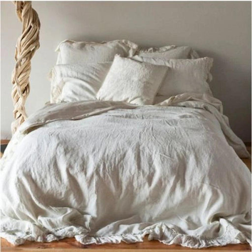 Ruffled White Washed Pure Linen Duvet Cover - French Flax Bedding for Queen and King Size Beds