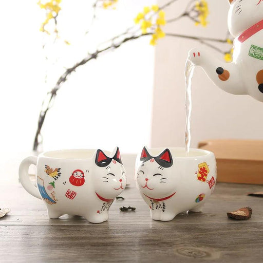 Maneki Neko Ceramic Tea Set - Charming Lucky Cat Teapot with Cups and Infuser