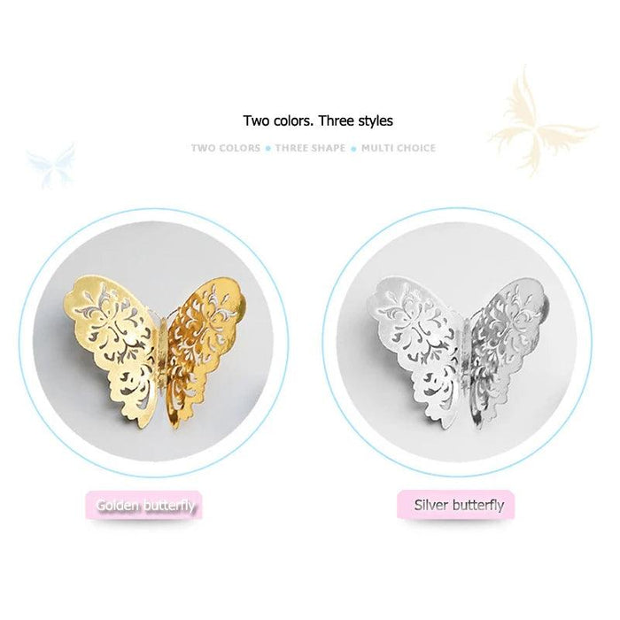 Set of 12 Elegant 3D Butterfly Wall Stickers - Self-Adhesive Decorative Accents in Gold and Silver for Home and Event Decor