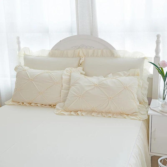 Beige Handmade Pleated Princess Quilt Set with Ruffles - 100% Cotton Luxury Bedding