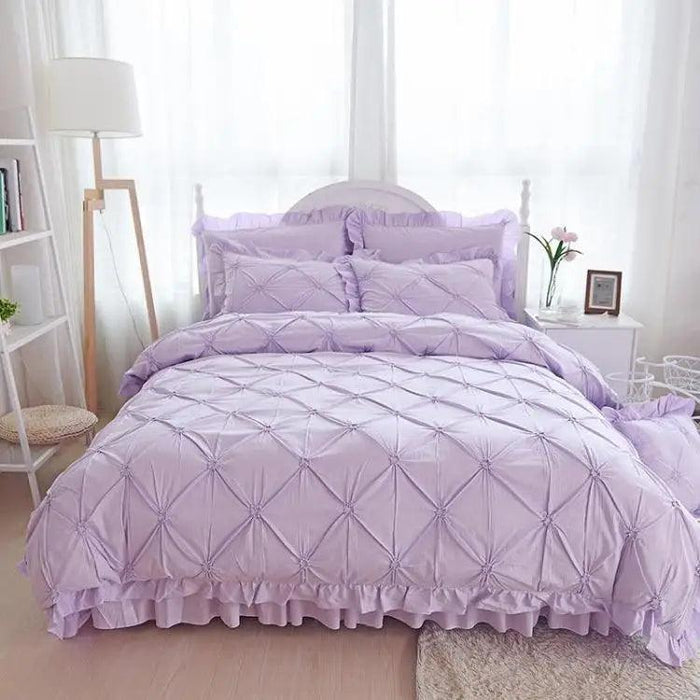 Beige Handmade Pleated Princess Quilt Set with Ruffles - 100% Cotton Luxury Bedding