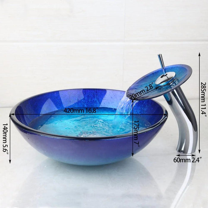 Elegant Blue Glass Round Vessel Sink and Chrome Faucet Set with Pop-Up Drain Kit