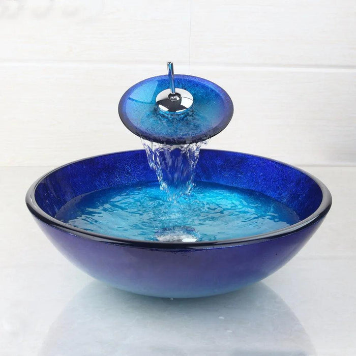 Elegant Blue Glass Round Vessel Sink and Chrome Faucet Set with Pop-Up Drain Kit