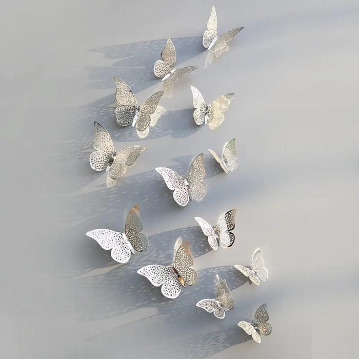 Set of 12 Elegant 3D Butterfly Wall Stickers - Self-Adhesive Decorative Accents in Gold and Silver for Home and Event Decor