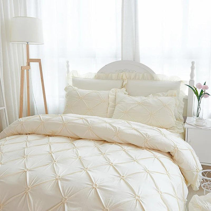 Beige Handmade Pleated Princess Quilt Set with Ruffles - 100% Cotton Luxury Bedding