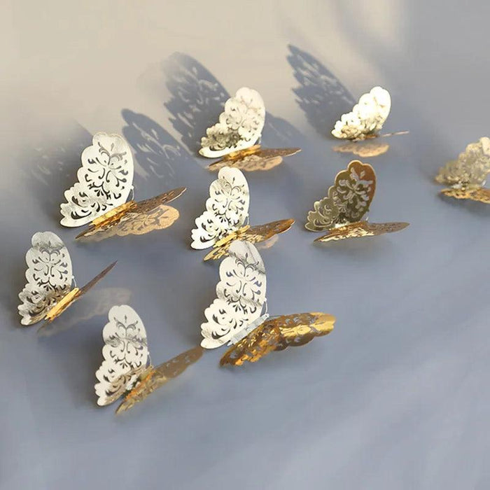 Set of 12 Elegant 3D Butterfly Wall Stickers - Self-Adhesive Decorative Accents in Gold and Silver for Home and Event Decor