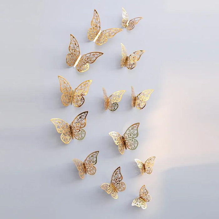 Set of 12 Elegant 3D Butterfly Wall Stickers - Self-Adhesive Decorative Accents in Gold and Silver for Home and Event Decor