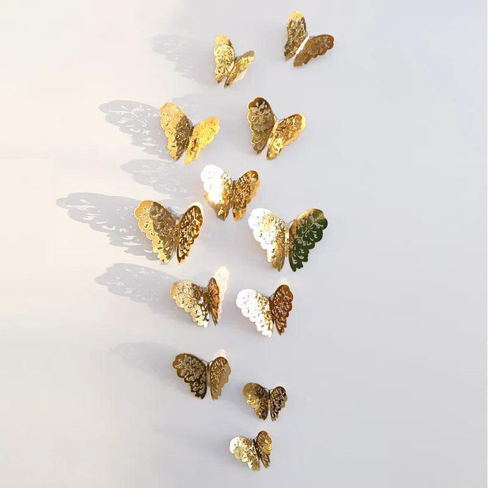 Set of 12 Elegant 3D Butterfly Wall Stickers - Self-Adhesive Decorative Accents in Gold and Silver for Home and Event Decor