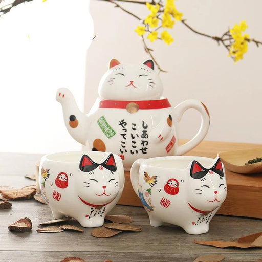 Maneki Neko Ceramic Tea Set - Charming Lucky Cat Teapot with Cups and Infuser