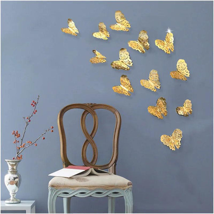 Set of 12 Elegant 3D Butterfly Wall Stickers - Self-Adhesive Decorative Accents in Gold and Silver for Home and Event Decor