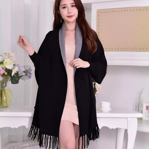 Black Winter Poncho Scarf with Tassel Detail - Versatile Women's Wrap