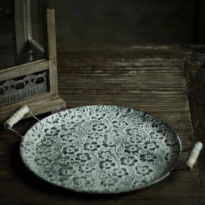 Antique-Style Round Metal Serving Tray with Rustic Wooden Handles for Cakes and Breads