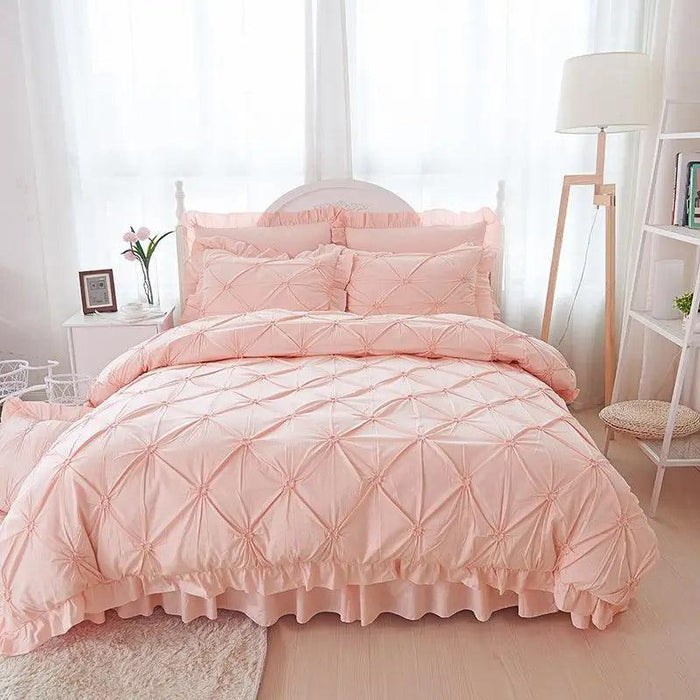 Beige Handmade Pleated Princess Quilt Set with Ruffles - 100% Cotton Luxury Bedding