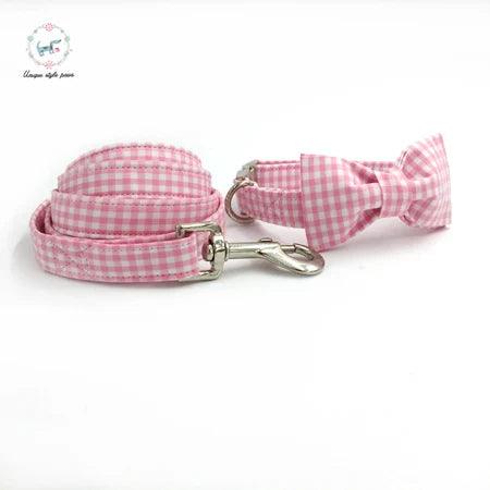 Charming Custom Pink & White Dog Collar and Leash Ensemble with Bow Tie