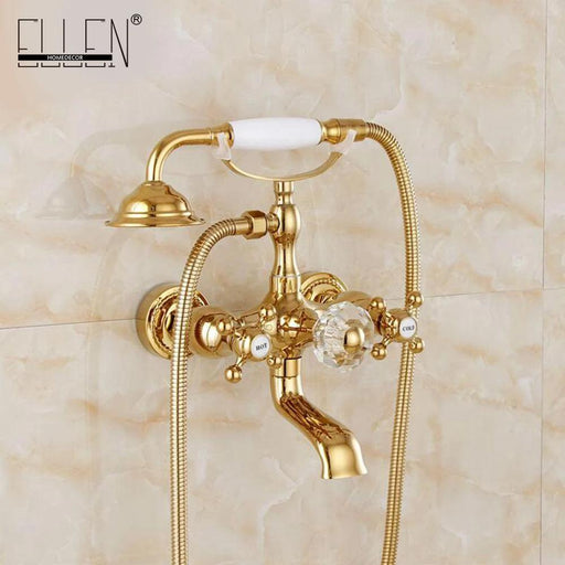 Luxurious Gold Brass Bathtub Faucet with Crystal Accents and Hand Shower