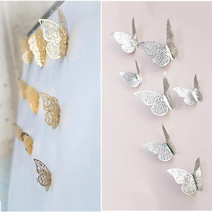 Set of 12 Elegant 3D Butterfly Wall Stickers - Self-Adhesive Decorative Accents in Gold and Silver for Home and Event Decor