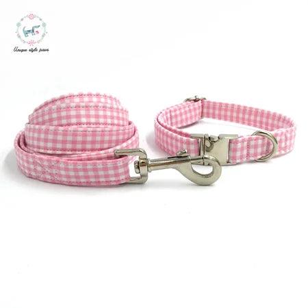 Charming Custom Pink & White Dog Collar and Leash Ensemble with Bow Tie