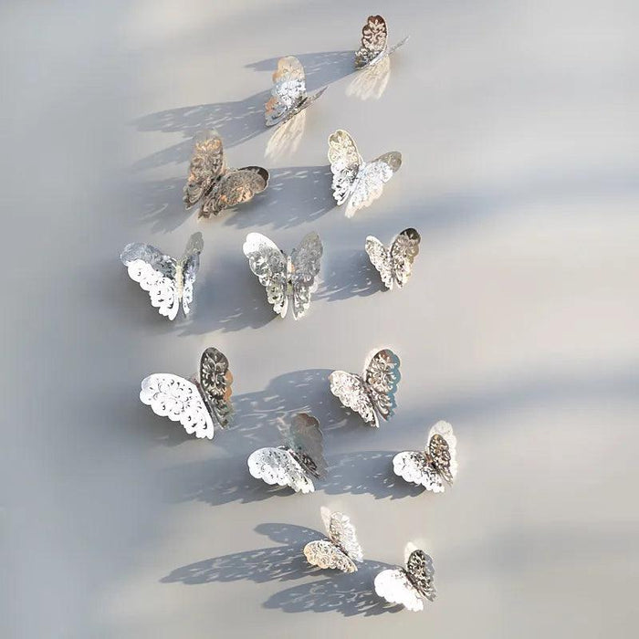 Set of 12 Elegant 3D Butterfly Wall Stickers - Self-Adhesive Decorative Accents in Gold and Silver for Home and Event Decor