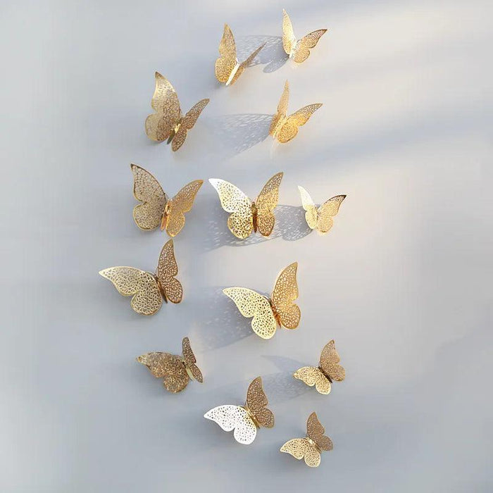 Set of 12 Elegant 3D Butterfly Wall Stickers - Self-Adhesive Decorative Accents in Gold and Silver for Home and Event Decor