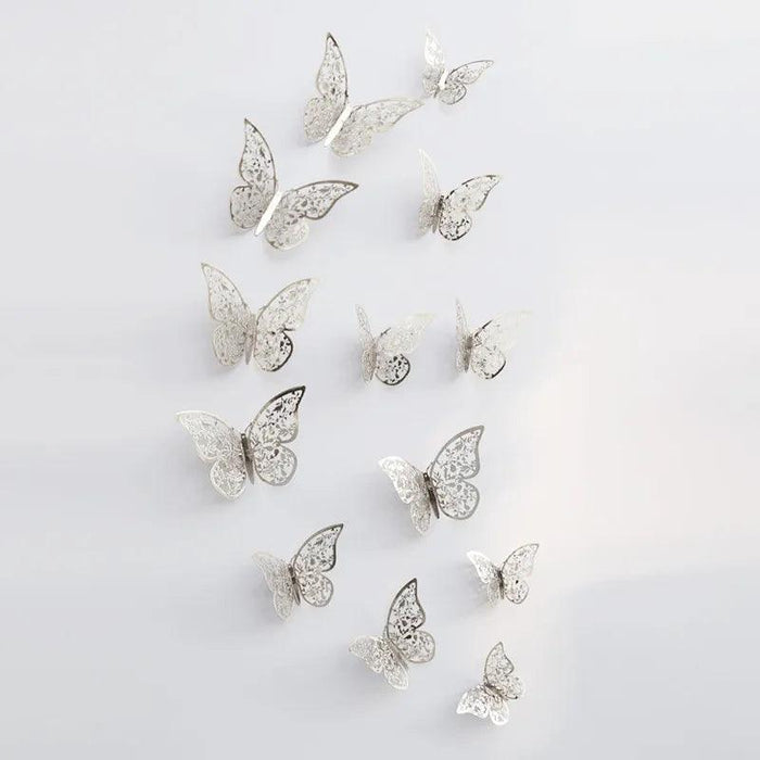 Set of 12 Elegant 3D Butterfly Wall Stickers - Self-Adhesive Decorative Accents in Gold and Silver for Home and Event Decor