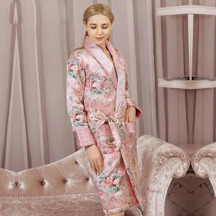 Elegant Winter Silk Robe: Stylish Long-Sleeved Printed Loungewear for Cozy Comfort