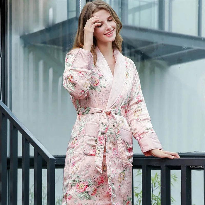 Elegant Winter Silk Robe: Stylish Long-Sleeved Printed Loungewear for Cozy Comfort