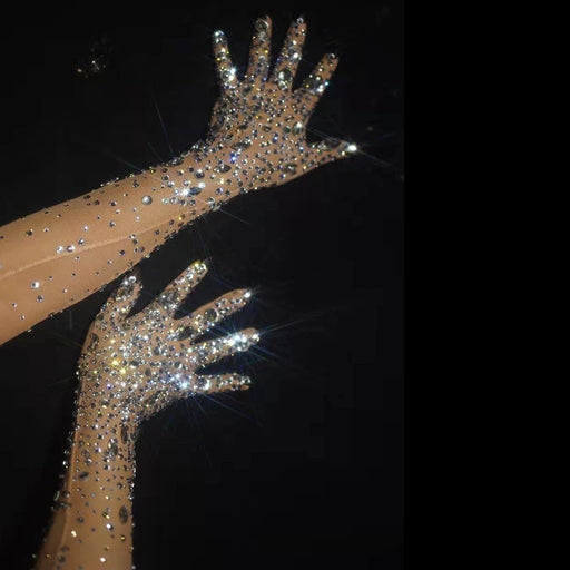 Crystal Sparkle Rhinestone Mesh Gloves for Women - Nightclub Dancewear