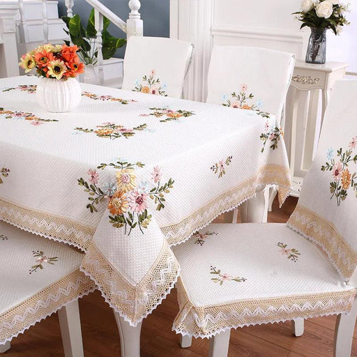 Charming Floral Embroidered Round Cotton Linen Table Cover